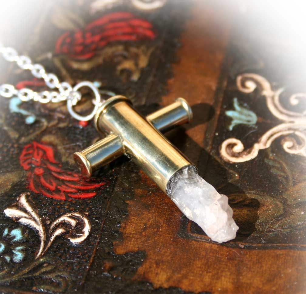 Bullet Casing Cross Necklace, Natural Quartz, Swarovski Crystal for man or woman