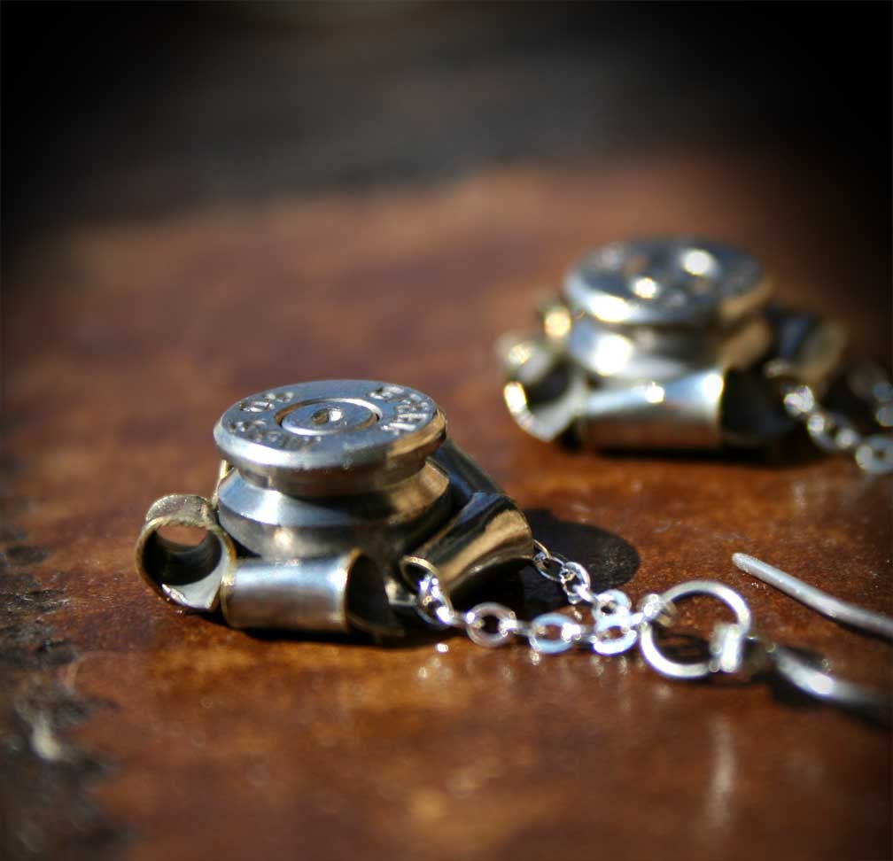 Bullet Rosette Earrings, Nickel Plated 40 Caliber, Sterling Silver Earwires