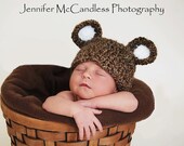 Crochet Baby Teddy Bear Beanie, Girl Boy Custom Made Hat, Handmade Newborn, 0-3, 3-6 Months Photo Photography Prop Baby Shower Gift Brown