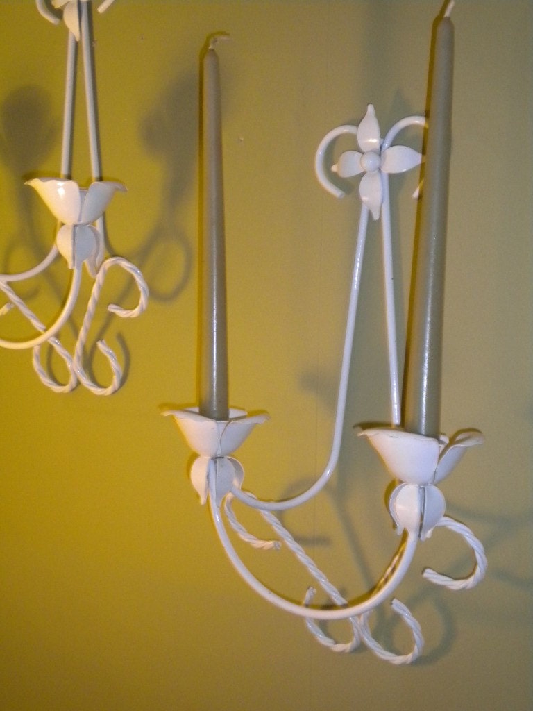 Vintage White Enameled Floral Wall Hanging Candle Sconce