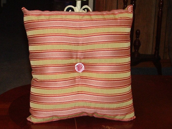 Pink and Green Striped pillow with Vintage Buttons