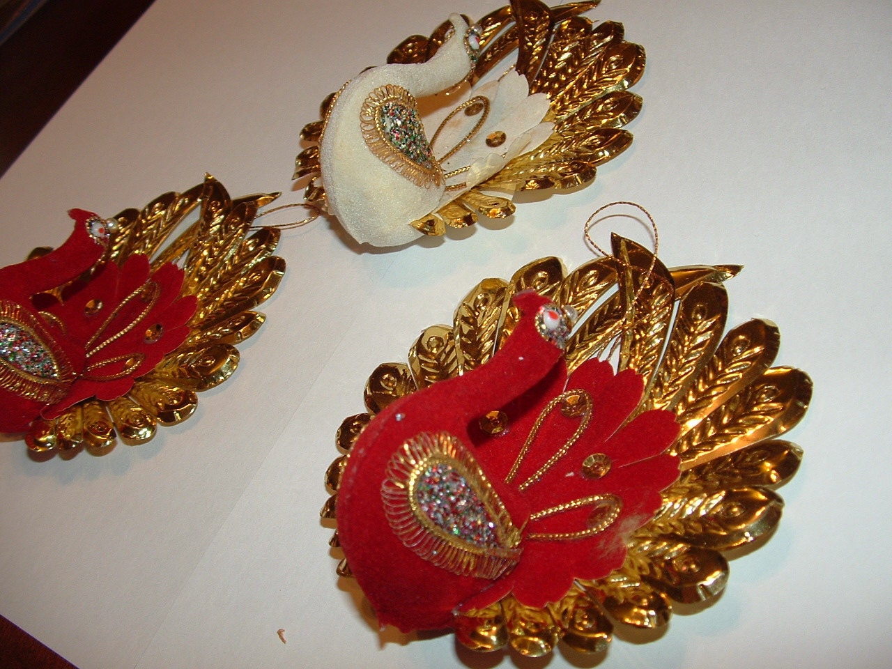 3 Vintage Ornament  Flocked Peacocks with Gold Foil Feathers