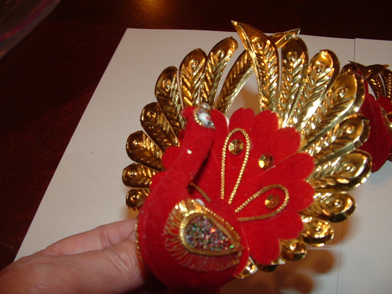 3 Vintage Ornament  Red Flocked Peacocks with Gold Foil Feathers