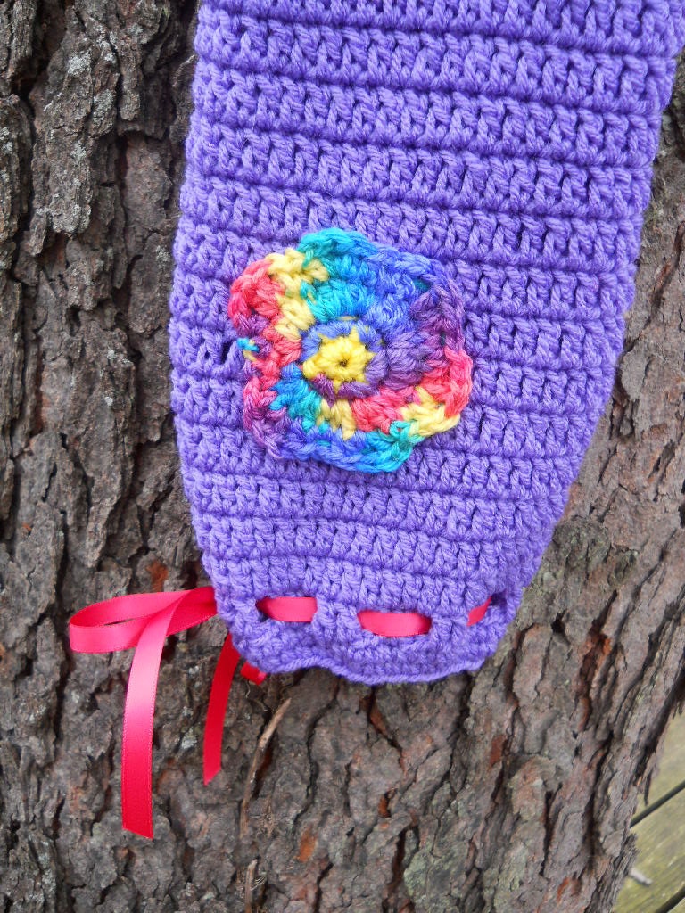 Crochet Plastic Bag Holder - Dark Lavender with Rainbow Flowers