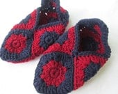 Granny Square Slippers in Navy and Dark Red - Women's Size Medium