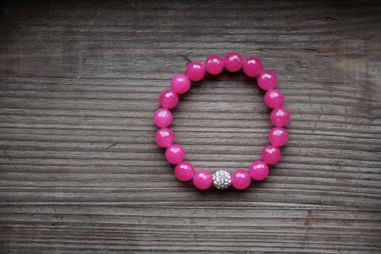 Hot Pink Jade Stretch Rhinestone Bracelet