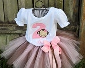 Monkey Birthday tutu Outfit brown and pink