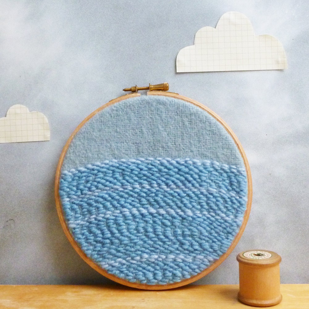 Embroidery in Hoop - Wall Art - Blue Abstract Seascape Hand Sewn on Upcycled Wool