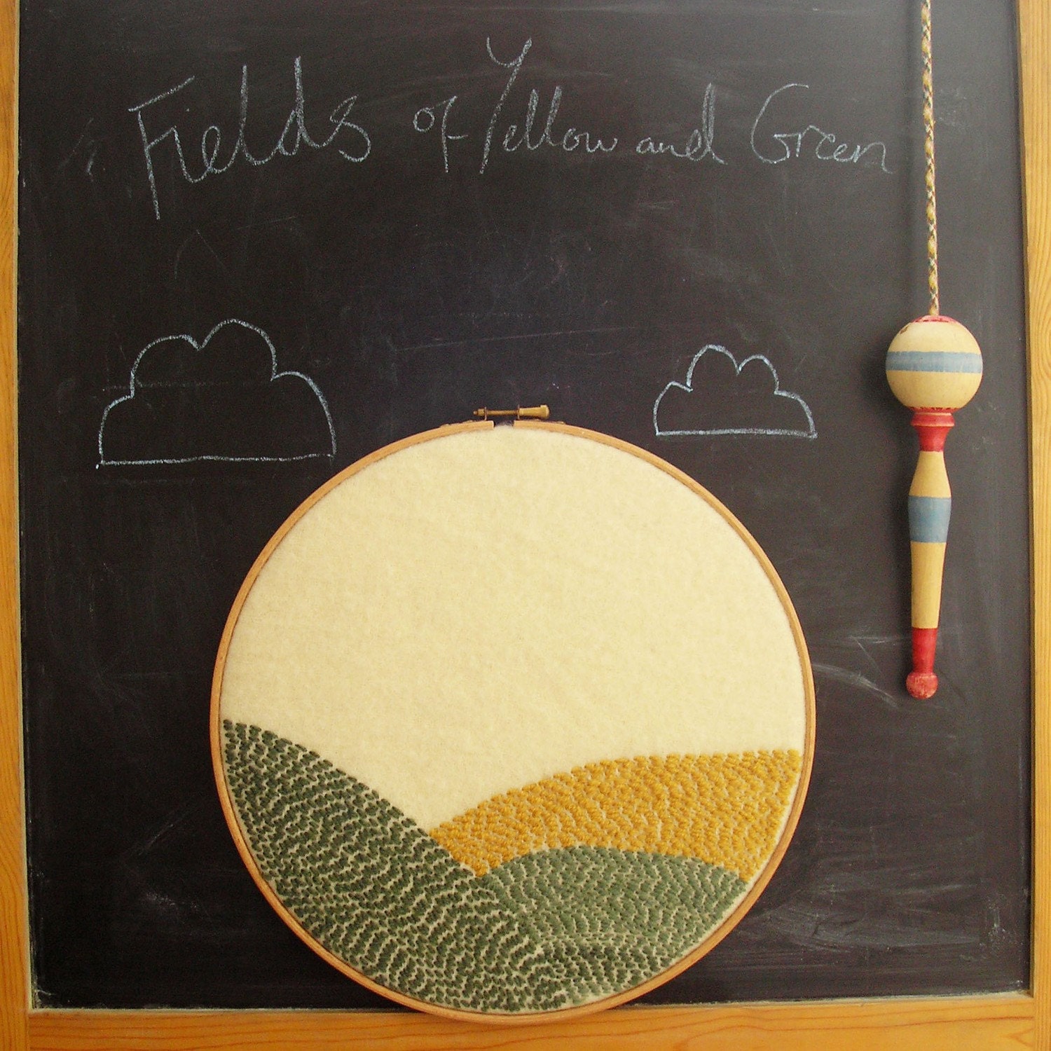 Large art embroidery Fields of Yellow and Green upcycled wool