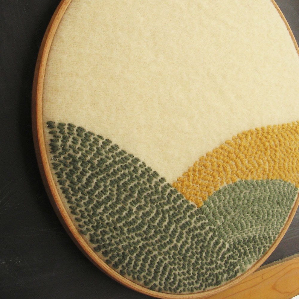 Large art embroidery Fields of Yellow and Green upcycled wool