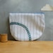 Medium Zipper Pouch - Geometric Teal Blue Embroidered Curve on White & Grey Stripe Recycled Linen
