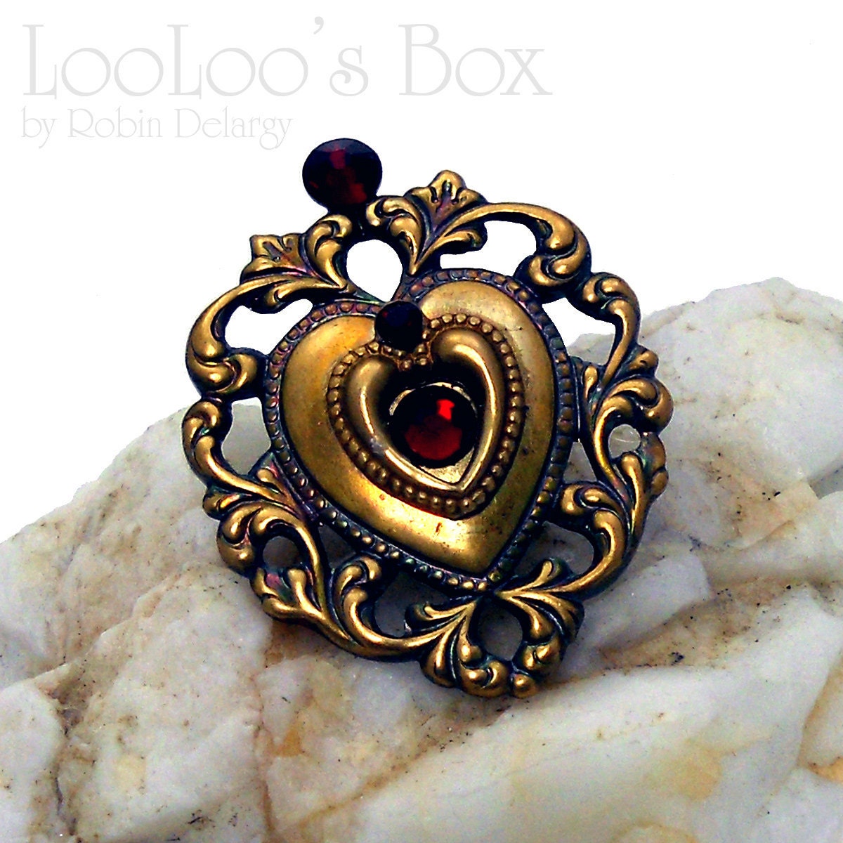 Tack Pin Hat Pin Tac Pin Lapel Pin Scatter Pin Layered Brass Heart with Siam Red Crystal Brooch Pin0011 by LooLoo's Box Handcrafted Jewelry