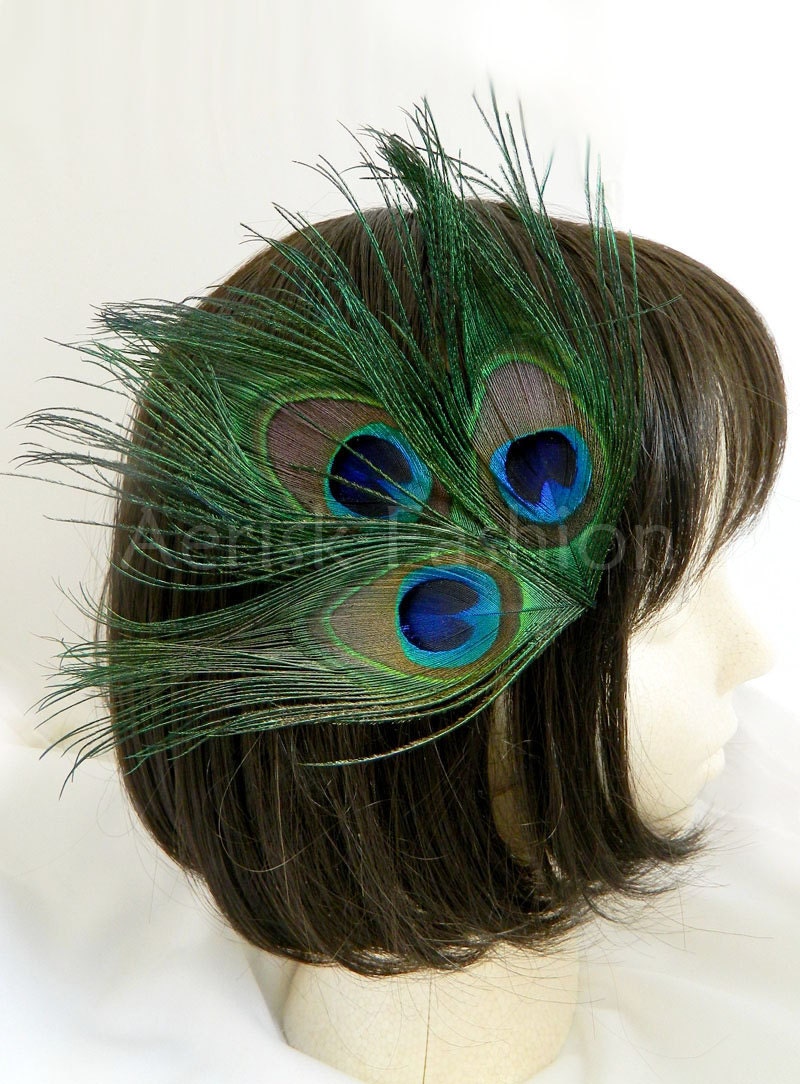 Peacock feather Accessory - KARI design - Customize your color and fastener CHOOSE headband, comb, Boutonniere, or hair clip