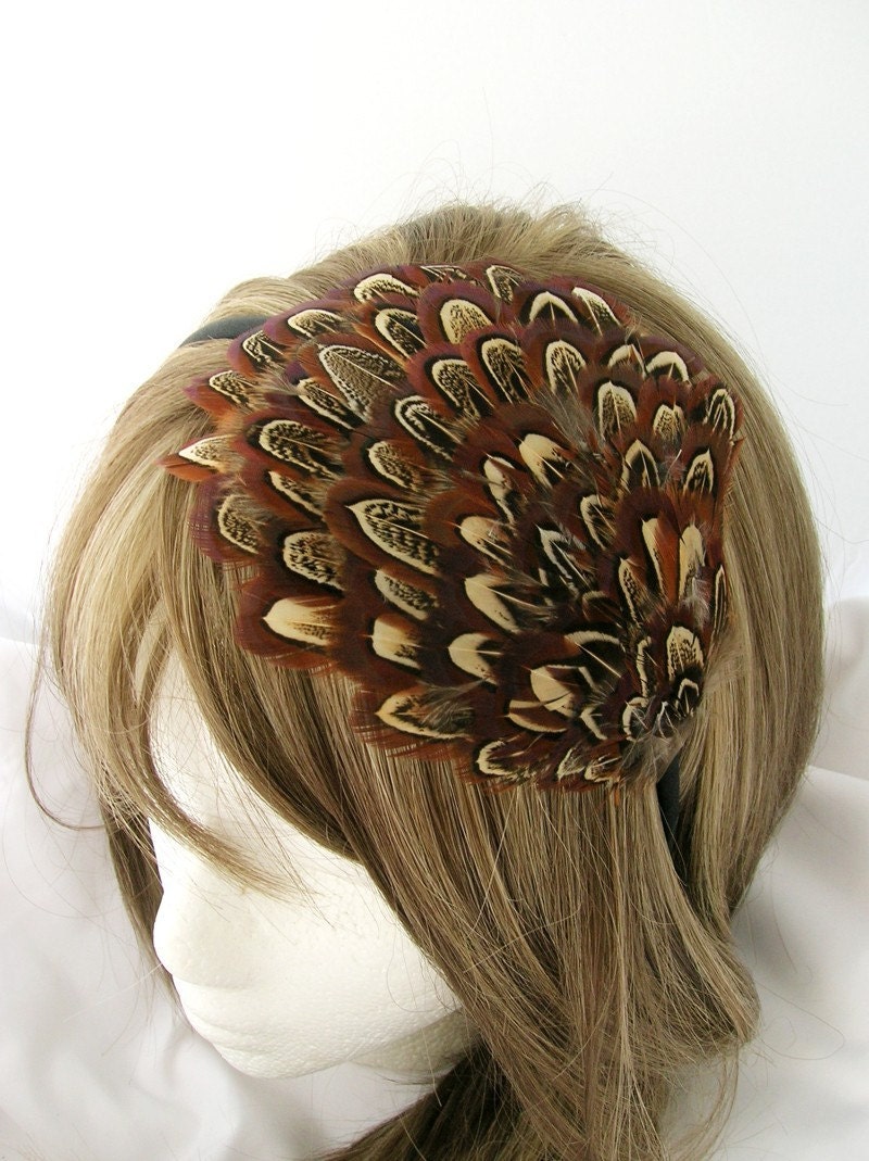 PROMO Feather fascinator headband - Amber brown almond patterned - Choose headband, comb, elastic band, or hair clip