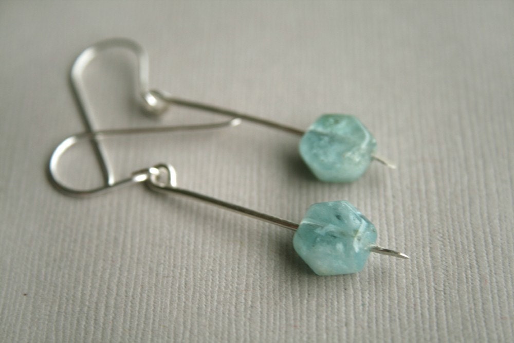 Hexagon Aquamarine Drop Earrings - Sterling Silver March Birthstone