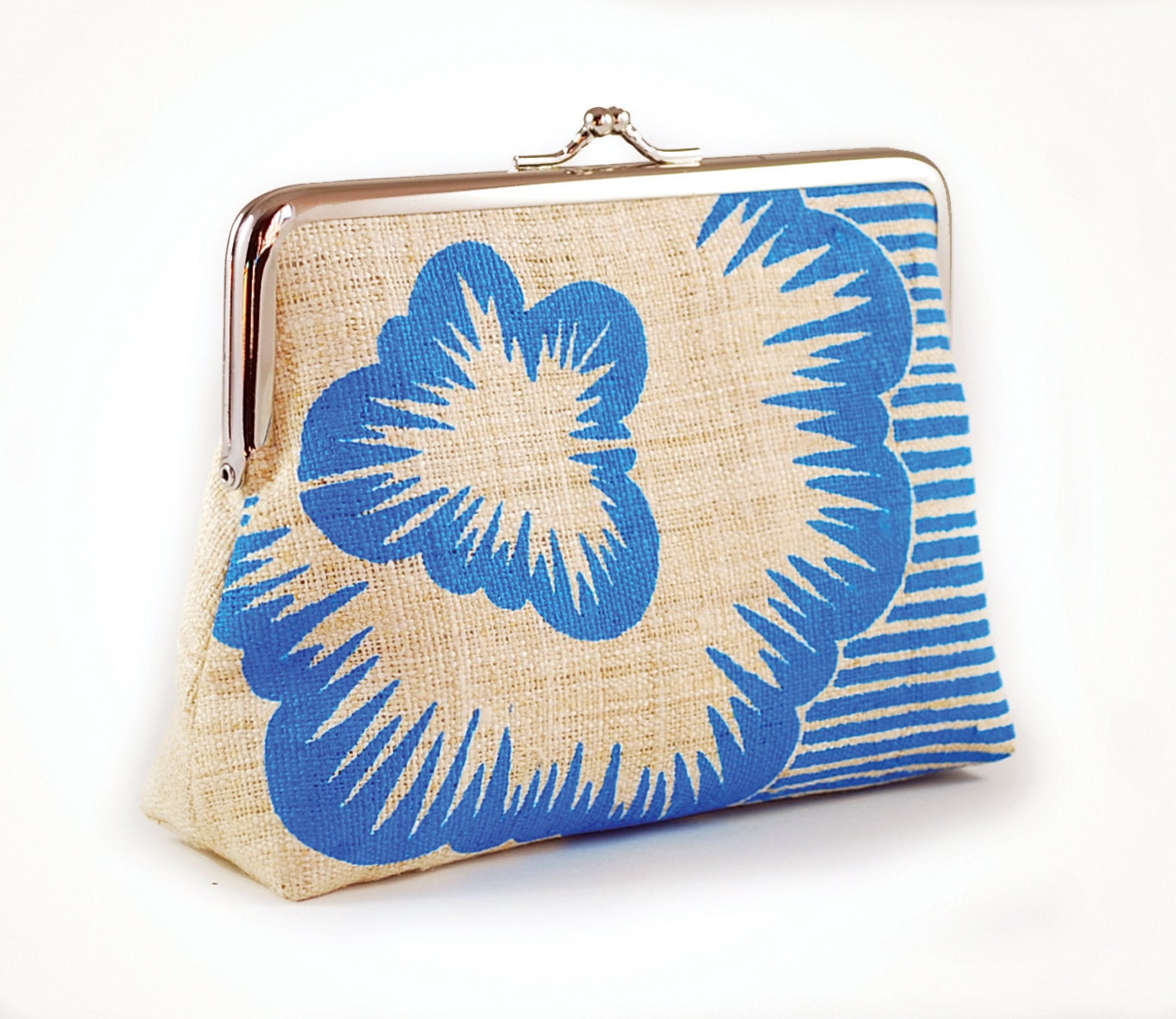 Hemp purse with blue screenprinted flower