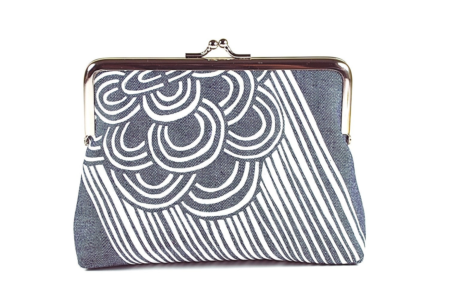 Denim kiss lock purse with mid-century styled screenprint pattern