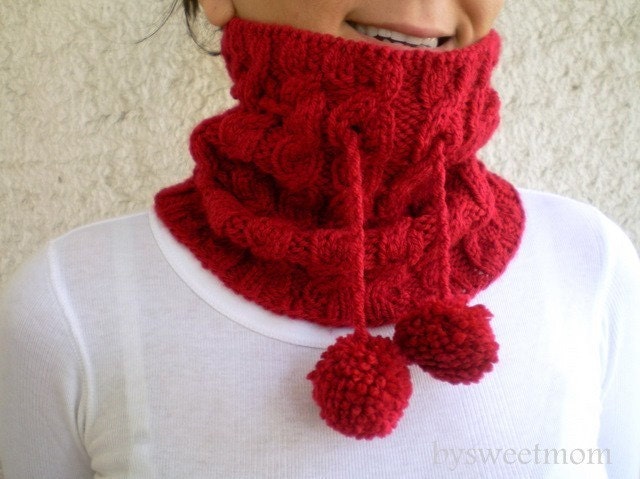 Braided Cable Knit Red Beret PomPom Hat, Neckwarmer Cowl, Multifunctional 2in1