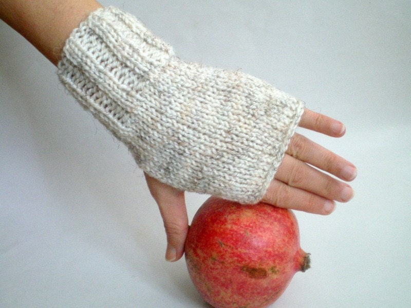 Knit Fingerless Gloves, Knit Wrist Warmer, Blended Oatmeal, Wool Gloves