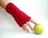 Cabled Fingerless Mittens, Arm Warmers in Red