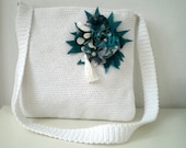 Crochet Messenger Bag with Teal Green Brooch