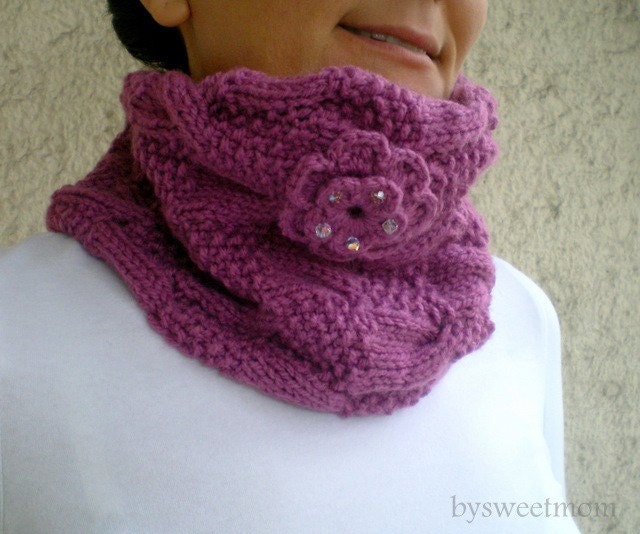 Purple Cowl with Beaded Flower, Chunky Neckwarmer