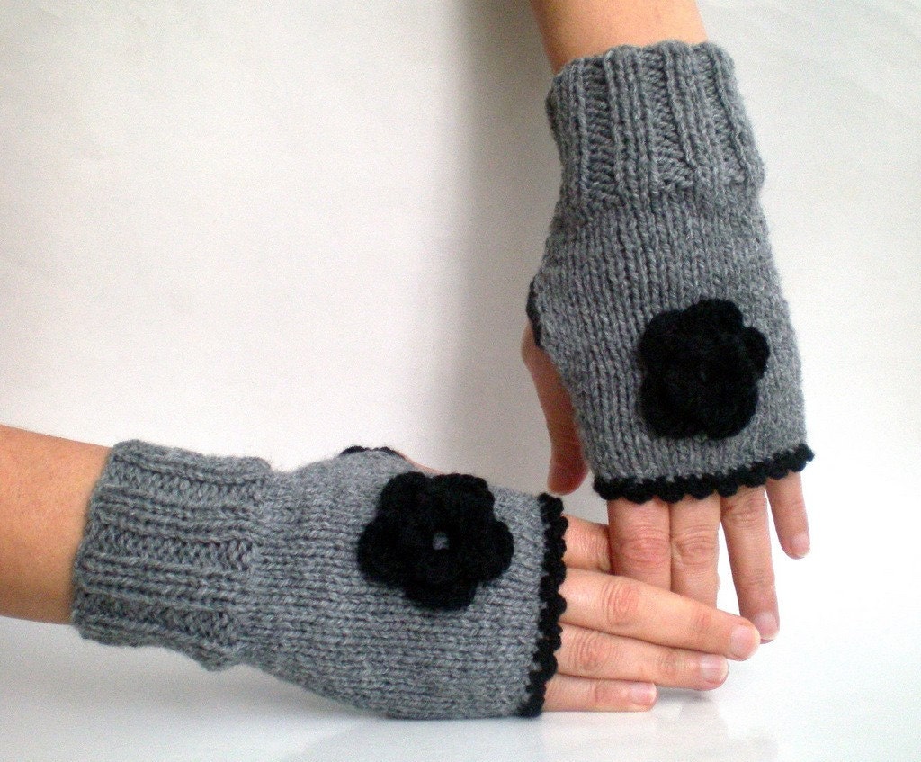 Gray Fingerless Gloves with Crochet Black Flowers,Winter Accessories