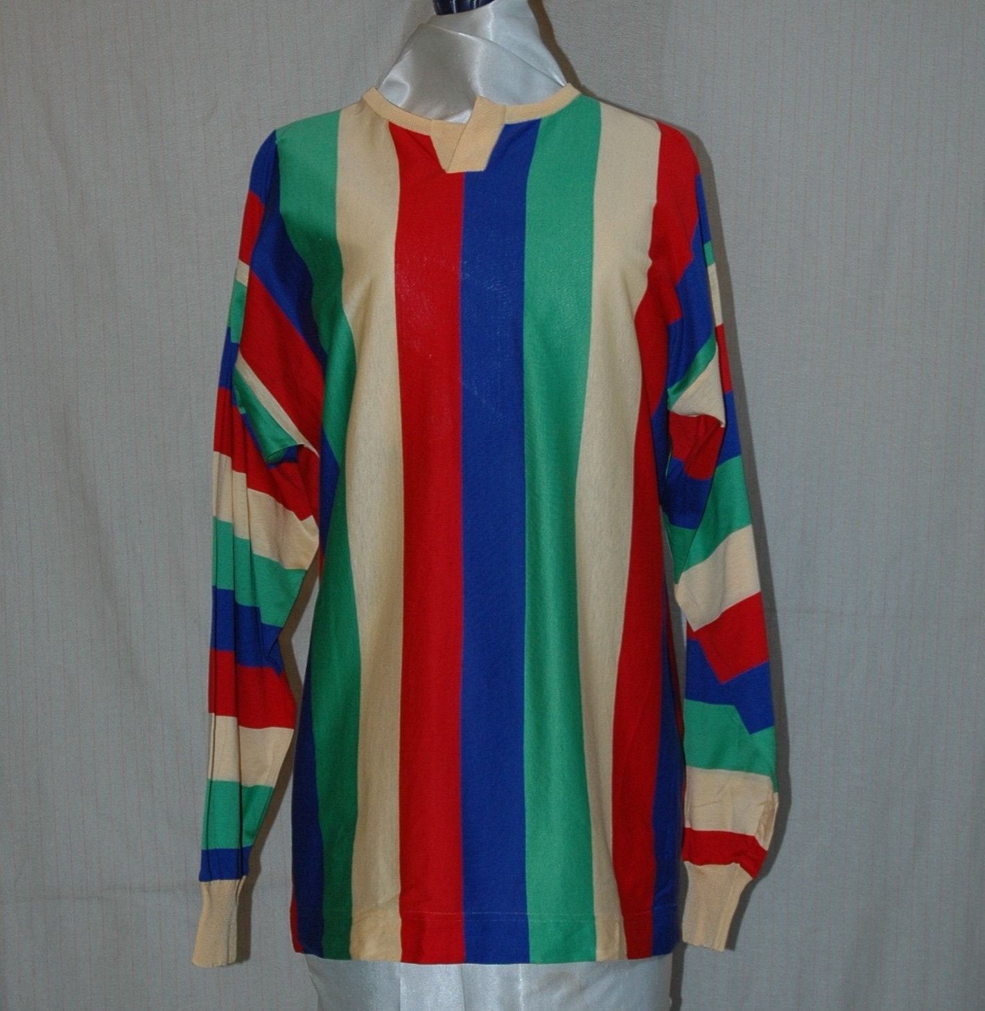 WAS 16.95. Italian Vertical Striped Long Sleeve Cotton Shirt. Red, Blue, Green ,Yellow Stripes. Vintage overstock  FREE domestic shipping.
