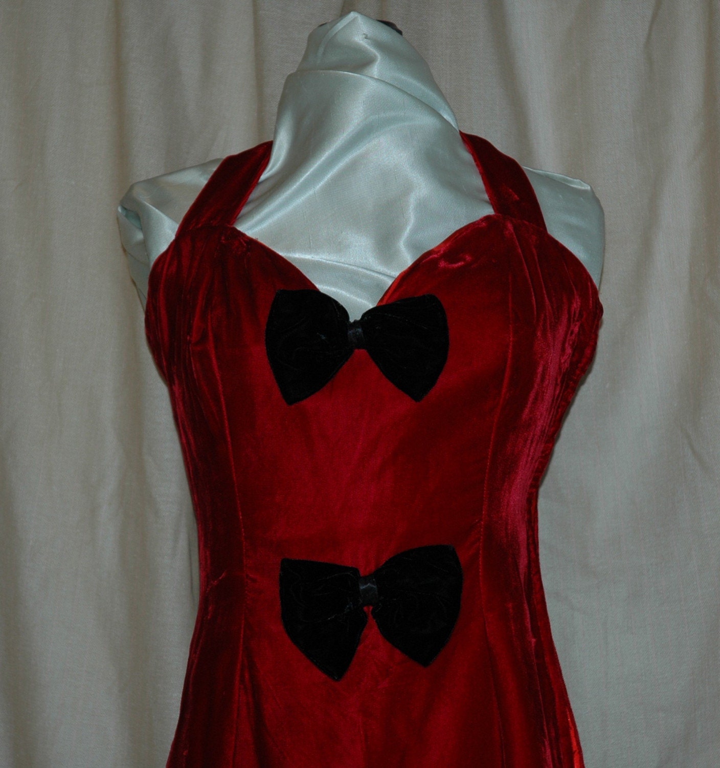 SALE was 59.95. Red Velvet Halter Formal Cocktail Dress, Black Velvet Bows. A Designers Den handmade original. FREE domestic shipping.