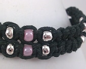 Cancer Awareness Black Hemp Bracelet with Pink and Silver Glass Beads