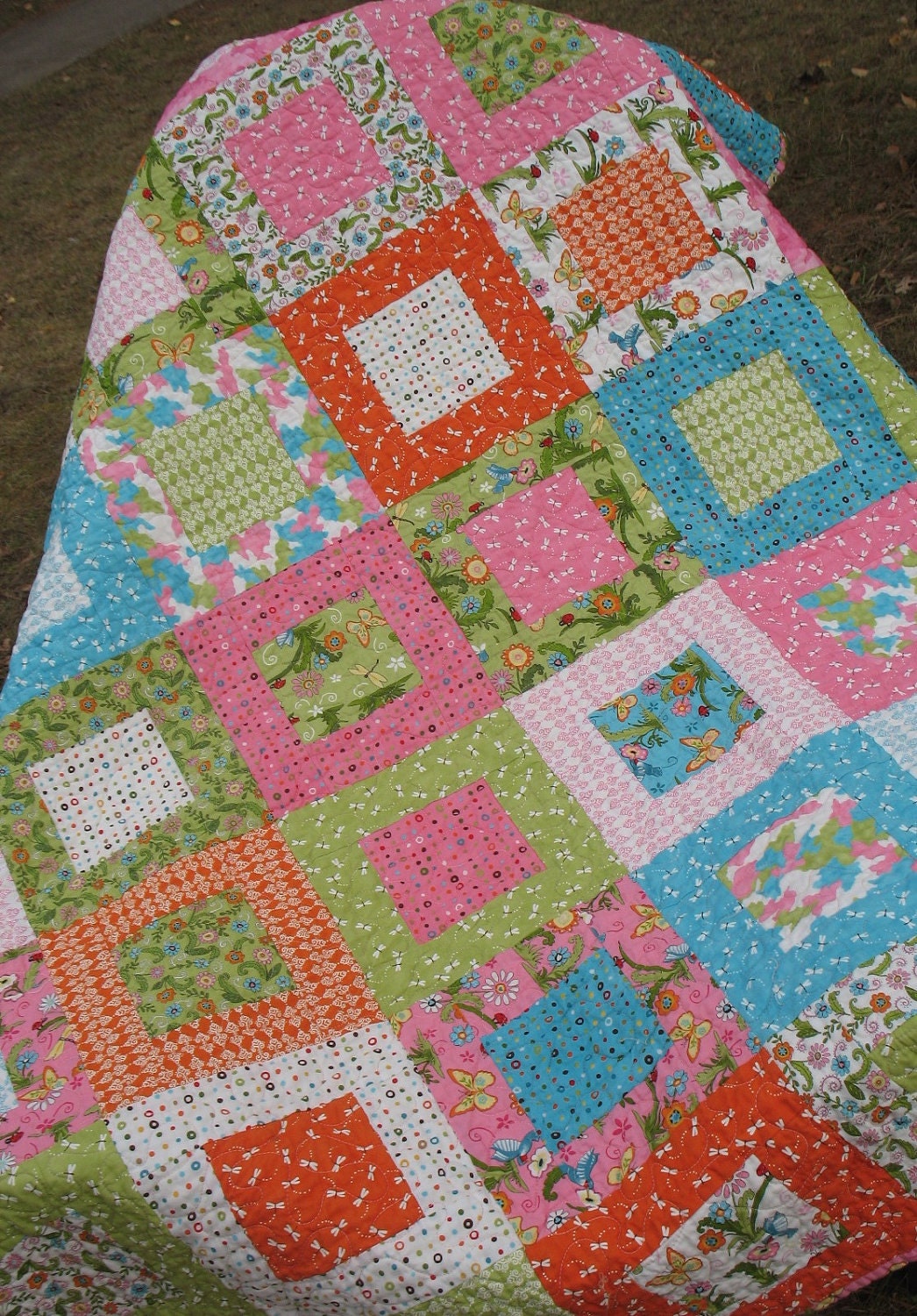 Meadow Friends Lap or Baby Quilt for Girls -- pink, green, orange, blue