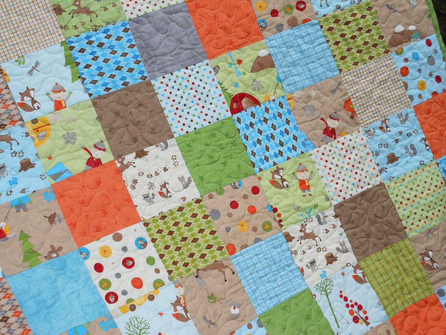 MaDe To OrDeR Fox Trails Baby Boy Quilt -- blue, green, orange, camping, animals