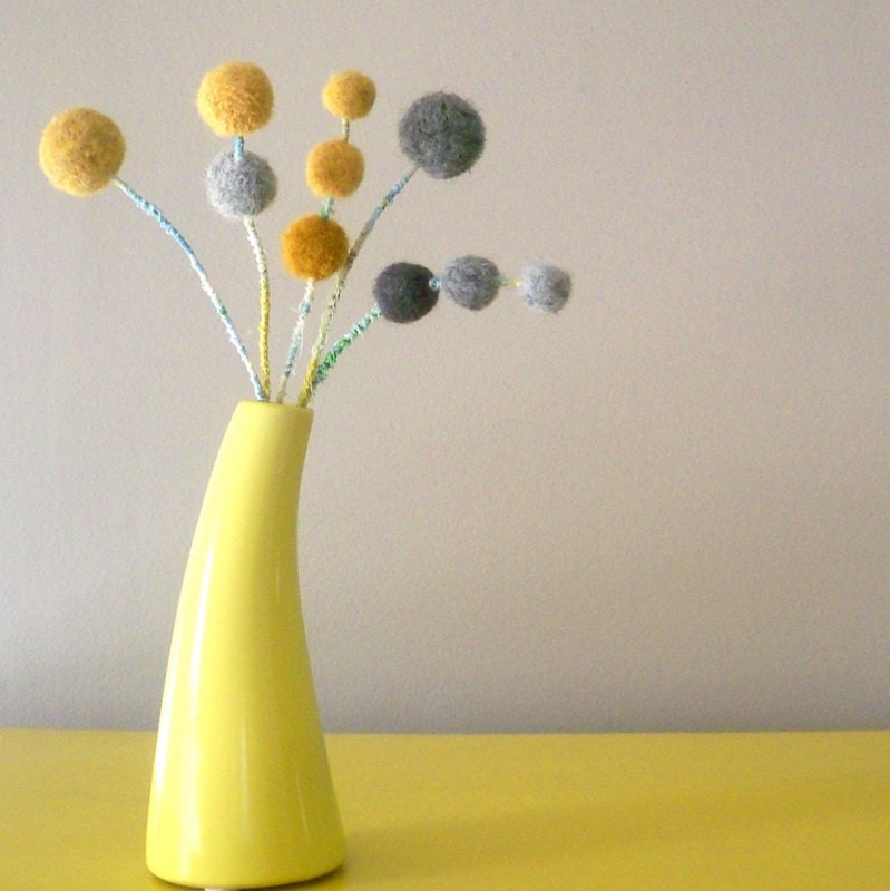 Mustard and grey felt flowers.  Wool craspedia.  Round pom pom blooms.  Small bouquet. Gray felt balls. Modern floral spray.