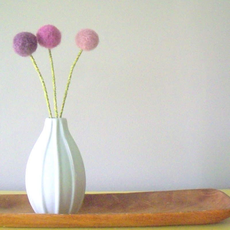 Purple ombre pom pom flowers.  Lilac, lavender blooms.  Wool felt ball blossoms.  Modern bouquet. Pastel decor. Soft mohair poms. - berryisland
