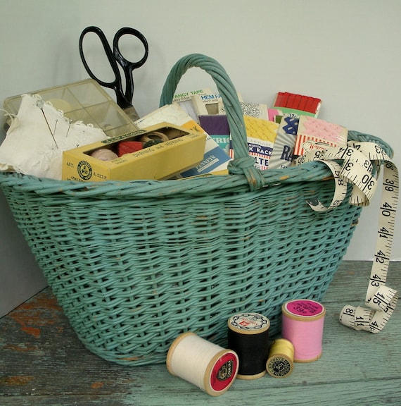 Wicker Sewing Basket and Collection of Sewing Items Included
