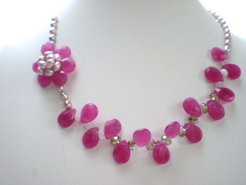 Pink Chalcedony Necklace Pearl Gemstone Necklace Sterling Silver Statement Necklace