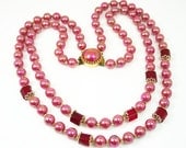 Vintage Japan Red Glass Pink Lucite Pearl Two Strand Necklace