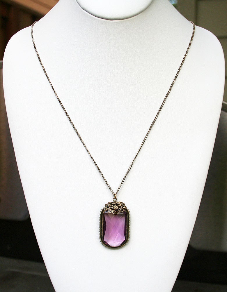 Art Deco Pendant Necklace Amethyst Glass Filigree Antique Jewelry