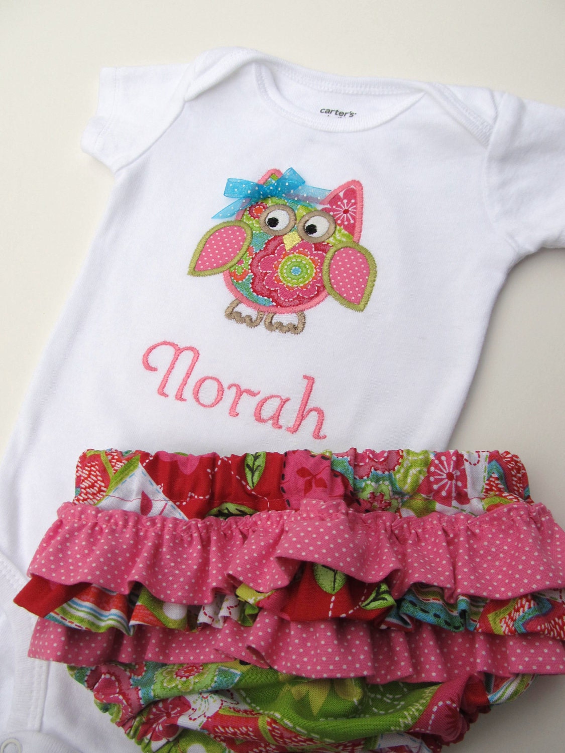 Personalized Owl Onesie and Diaper Cover Set- Personalized Embroidered Pink Owl Onesie Set-Personalized Embroidered Owl Onesie