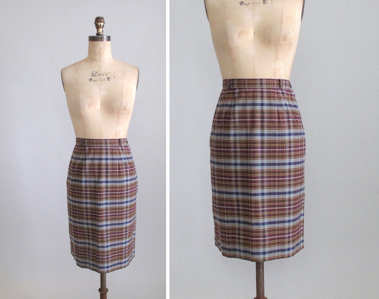 Vintage 1960s Skirt : 60s Plaid Pencil Skirt