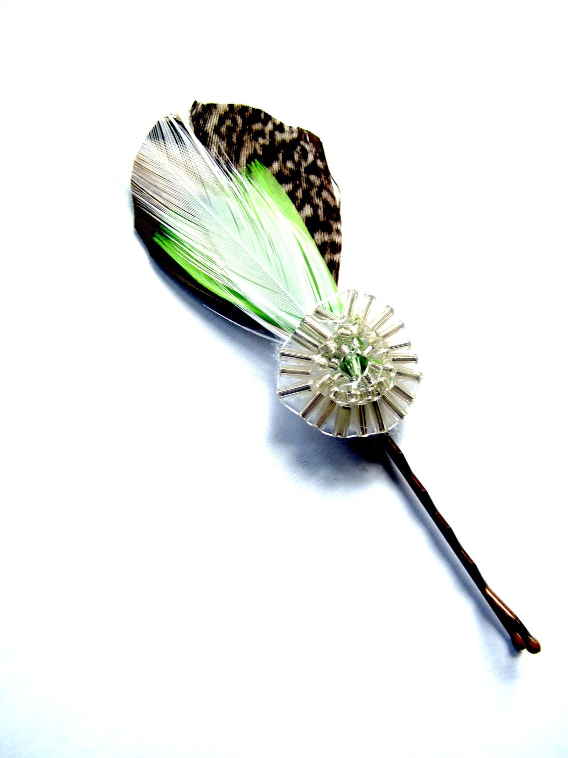 Brown and Lime Feather Hair Pin with Silver and Peridot Crystal Beaded Applique - catalysst Brown and Lime Feather Hair Pin with Silver and Peridot Crystal Beaded Applique - catalysst