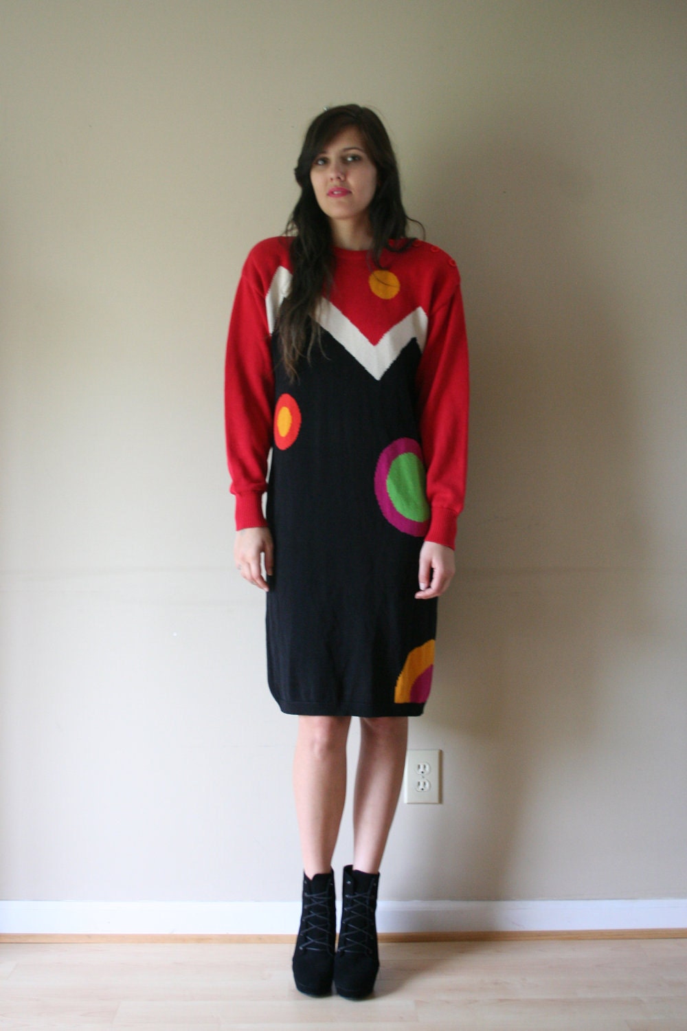 80s Sweater Dress Tunic Shapes Knit Dots Circles Zig Zag Stretchy Workwear Size Medium-Large med md lg (4-6-8-10)