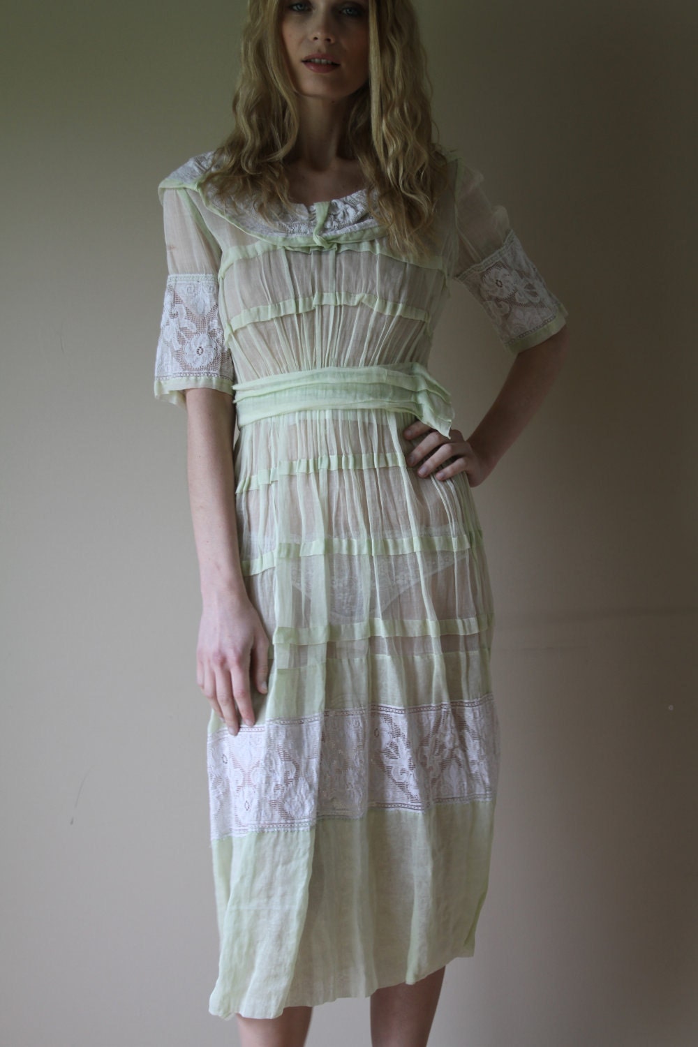 30s Dress Chartreuse Yellow with White Crochet Garden Party Large Sailor Collar Size Extra Extra small-Extra Small xxs xs (000-00-0-2)