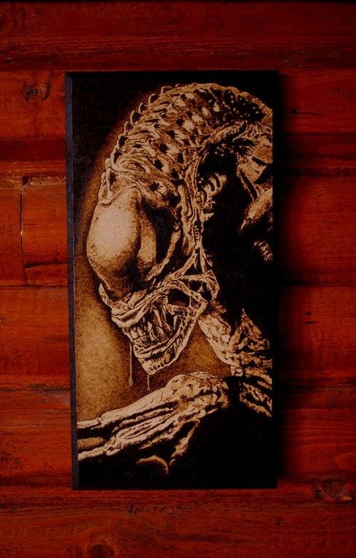 ALIEN art - woodburned home decoration