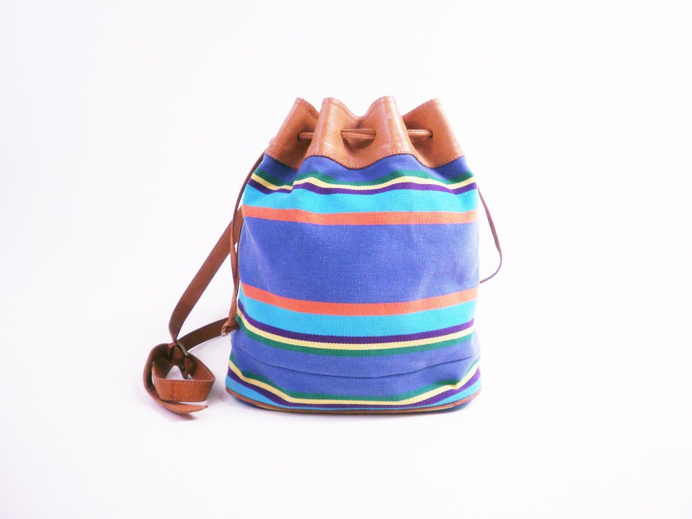 Vintage Ethnic Purse // Drawstring Bucket Bag / Brown Leather and Woven Cotton