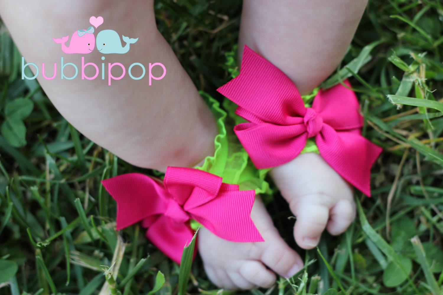Petal Toes Barefoot Baby Sandals 80's Rock Bow Toes Hot Pink Bows with Double Ruffle NEON Yellow Barefoot Baby Sandals INTRO PRICING