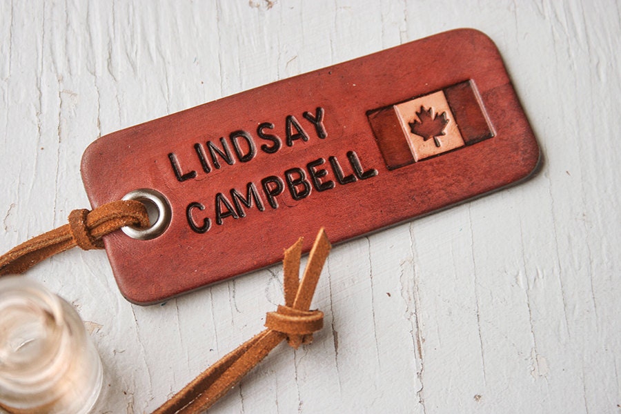 O Canada - Custom leather luggage tag - Name and Canadian Flag  - personalized travel tag - key ring or suede cord