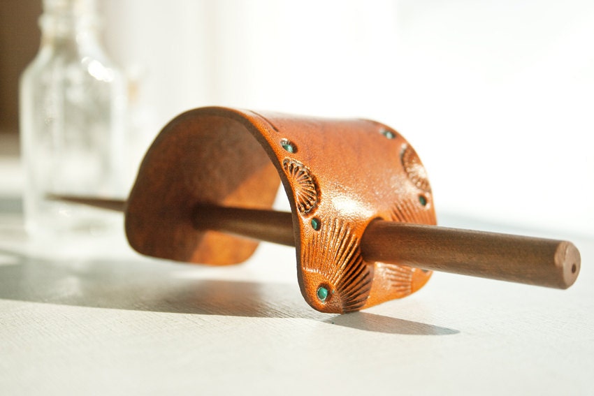 Leather barrette and teak stick- Hand stamped, tooled and stained - Hair stick