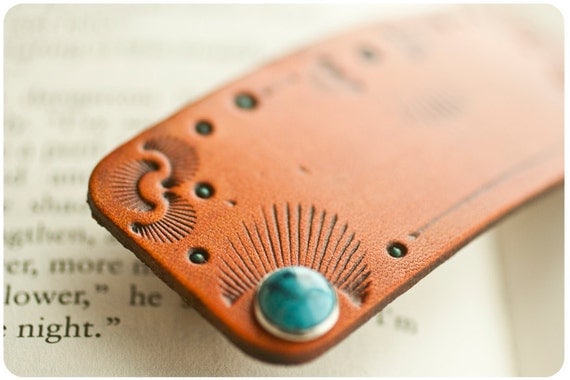 Leather barrette - Hand stamped, tooled and stained with 2 faux turquoise rivets hair clip