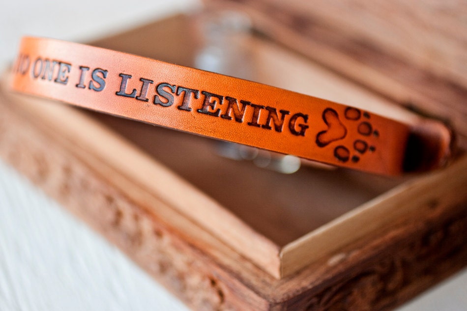 READY to SHIP - Leather Dog Collar - Bark Like No One Is Listening - MEDIUM - fits neck sizes from 16 to 20 inches